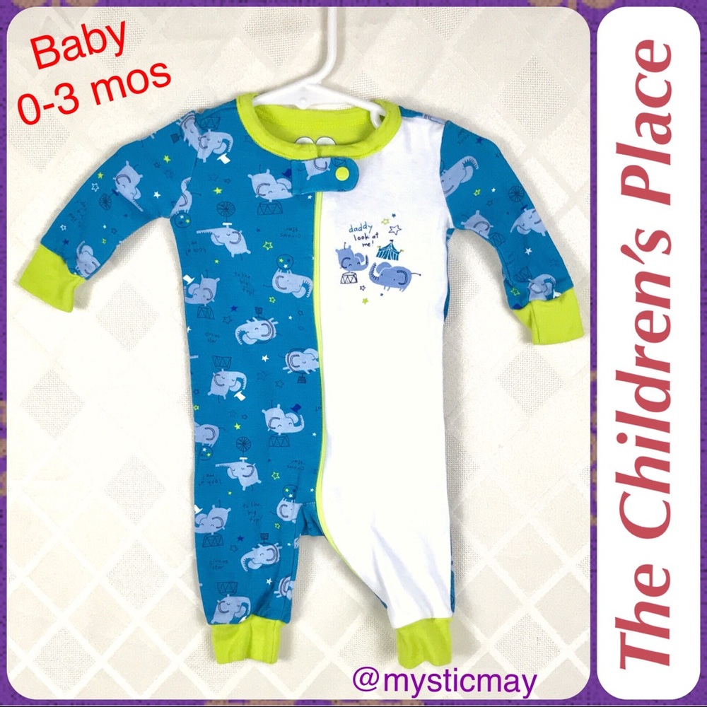 Boys Blue w Green CIRCUS ELEPHANT Zip-Up Footless Pajamas Baby Infant Size 0-3M